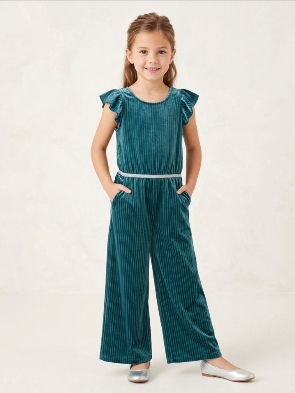 Cat & Jack Teal Wide-Leg Jumpsuit with Ruffled Sleeves kids size L (10/12)